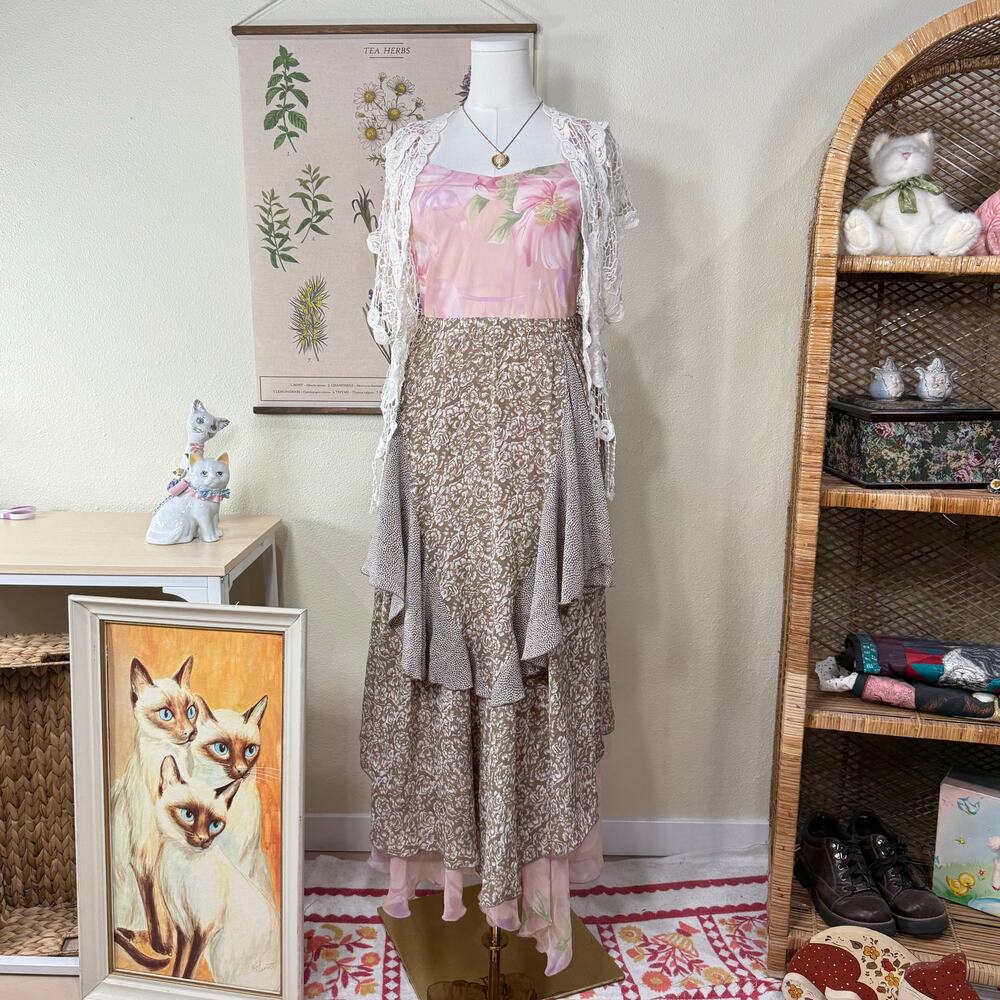 Vintage Floral Polka Dot Asymmetric Ruffle Skirt Boho Fairy Forest Cottage XS S